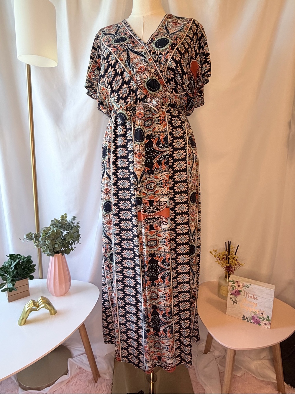 Navy Rust Floral Boho Wrap-Style Maxi Dress